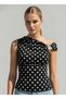 Women's Boat Neck Polka Dot Buckle Detail Design Viscose Blouse 26075