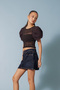 Balon Kol Detailled Openwork Knitted Blouse Brown