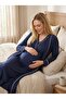 New Season Navy Blue 100% Cotton Short Sleeve Maternity Nightgown Set with Nursing Features - 7