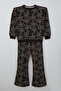 Girl's Tracksuit Set with Ribbon Pattern and Elastic Waist, Ages 9-14, Dark Brown