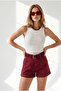Women's Burgundy Side Pocket Folded Hem Shorts Şrt-19000096 - 2