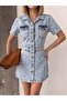 Ice Cream Color Front and Back Pleated Full Button Closure Denim Jeans Dress - 4