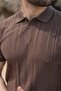 Light Brown Striped Polo Collar Knitwear Men's T-Shirt E7504 - 3