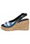 Women's Vegan Leather Black Wedge Heeled Sandals - Window Design - 6