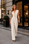 Women's V-Neck Wide Collar Gold Buttoned Wide Leg Jumpsuit - 4