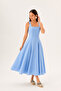 Blue Linen Strappy Square Neck A-Line Panel Detailed Cotton Midi Dress - 2