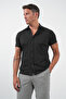 Black Italian Collar Short Sleeve Pocketless Slim Fit Cotton Shirt 1004260158 - 3