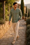 Hakim Collar White Stitching Detailed Long Sleeve Men's Shirt Green - 3