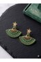 Fan Model Green Stone Star Detailed Steel Earrings Gold Color Dangle Women's Earrings - 3