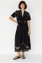 Women's Black Embroidered Lace-Up Detailed Lined Midi Skirt Blouse Linen Set 3003 60286283 - 2