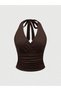 Brown Halter Neck Crop Blouse Women's Deep V Neck Stylish Summer Blouse, Bitter Coffee Blouse
