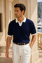 Men's Navy Blue Ecru Collared Knitwear Polo Neck T-Shirt - 4