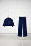 Women's Navy Blue Lycra Polyviscon Fabric Snap Detailed Shirt Collar Crop Top and Wide Leg Pants - 4