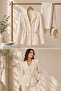 Women's Double-Breasted Collar Jacket with Waist Tie, Cream - 2