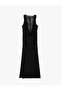 Sleeveless Draped Long Dress with Draped Collar and Lace Detail - 3