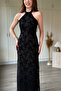 Neck Tie Jacquard Tulle Midi Black Dress - 3