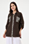 Women's Brown Italian 100% Linen Sequined Ring Stripe Oversize Linen Shirt Size 40 - 46