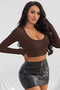 Women's Brown Long Sleeve Square Neck Crop Top Blouse - 5