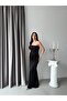 Black Strapless Glittery Draped Long Evening Dress - 4