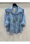Women's Baby Blue Italian Large Size Floral Embroidered Sequin Embroidered Folded Long Sleeve Shirt 42 - 48 Size