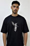 Angel Trumpet Design Printed Oversize Black T-Shirt