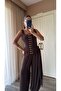 Women's Brown Gold Buckle Underwire Corset-Look Bustier Blouse - Stylish Event Combination 8044 - 4