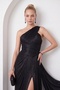 Women's Black Asymmetrical Collar Slit Long Evening Dress - 2