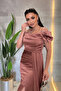 Satin Fabric Gathered Shawl Detailed Evening Dress - Pudra - 2