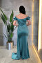Satin Fabric Drawstring Shawl Detailed Evening Dress - Turquoise - 3