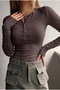 Women's painful brown color button detailed placket buttoned crew neck long sleeve ribbed camisole blouse body - 2
