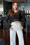Women's Black Sequin Embroidered Bat Sleeve Casual Crop Blouse - 6