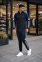 Men'S, Navy Blue, Diving Fabric, Stripe Detailed, Hooded Tracksuit Set - 2