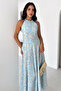 Women's Halter Neck Patterned Long Dress Blue Maxi Summer Dress - 5