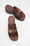 Belavisa Brown Suede Women's Daily Genuine Leather Thick Band Buckle Belted Platform Wedge Heel Slippers - 2