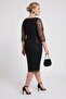 Women's Black Square Neck Beaded Plus Size Midi Evening Dress - 6