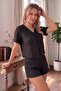 Black Short Sleeve V-Neck Pajama Set with Piping Detail - 2