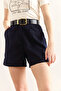 Women's Navy Blue Pocketed Lined Washable Linen Shorts Shrt-19000056 - 4