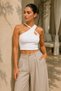 Women's White Cross Halter Neck Ribbed Crop Top with Drop Detail - 4