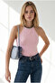 Women's Pink Halter Neck Chain Decorated Fitted Stretchy Ribbed Blouse Blz-19003420 - 4