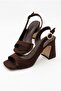 Women's Brown Suede Design Asymmetrical Strap Blunt Toe Thick Heeled Shoes - 4