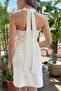 Women's White Halter Neck Pearl Backless Mini Evening Dress - 5