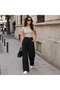 Women's Black Half Belt Detailed Pocketed High Waist Comfortable Wide Leg Palazzo Trousers - 7