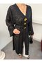 Women's V-Neck Waist-Tied Gold Detailed Wide Sleeve Jacquard Patterned Long Kimono 9088 - Black - 8