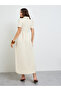 Beige A-Line Maxi Dress with Short Sleeves - 5