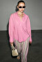 Floreta Women's Oversize Fit Linen Blend Long Sleeve Single Pocket Pink Shirt - 2