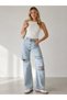 Women's Ice Blue High Waist Knee Ripped Detailed Wide Leg Palazzo Jean Denim Trousers