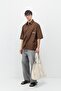 Oversize Text Printed Short Sleeve Shirt Coffee - 5