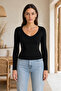 Black Stretch Fabric V-Neck Long Sleeve Slim Fit Blouse 2200