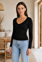 Black Stretch Fabric V-Neck Long Sleeve Slim Fit Blouse 2200 - 6