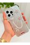 iPhone 14 Pro Max Stone Case with Pearl Necklace Detail, Marble Effect 3D Heart and Motif Charm Cover - 4